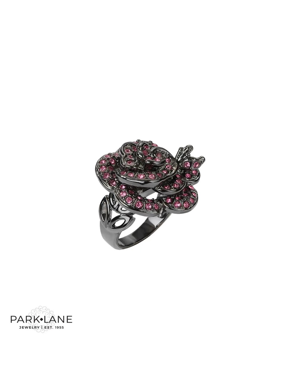 Park Lane Blackened Silver Ring with Pink Crystal Rose rosette ring